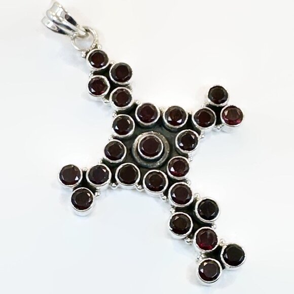 Garnet Cross, Sterling Silver, Gothic, Vintage Pendant, Garnet Pendant, Large - Picture 1 of 5